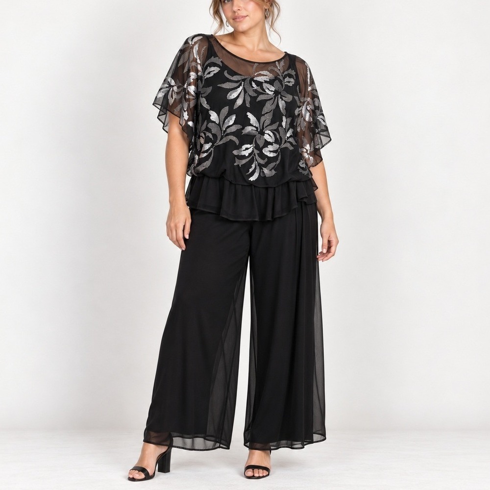 Dressbarn Pant Set Women 1X Black Sequin Mesh Overlay Wide Leg Whimsigoth NEW